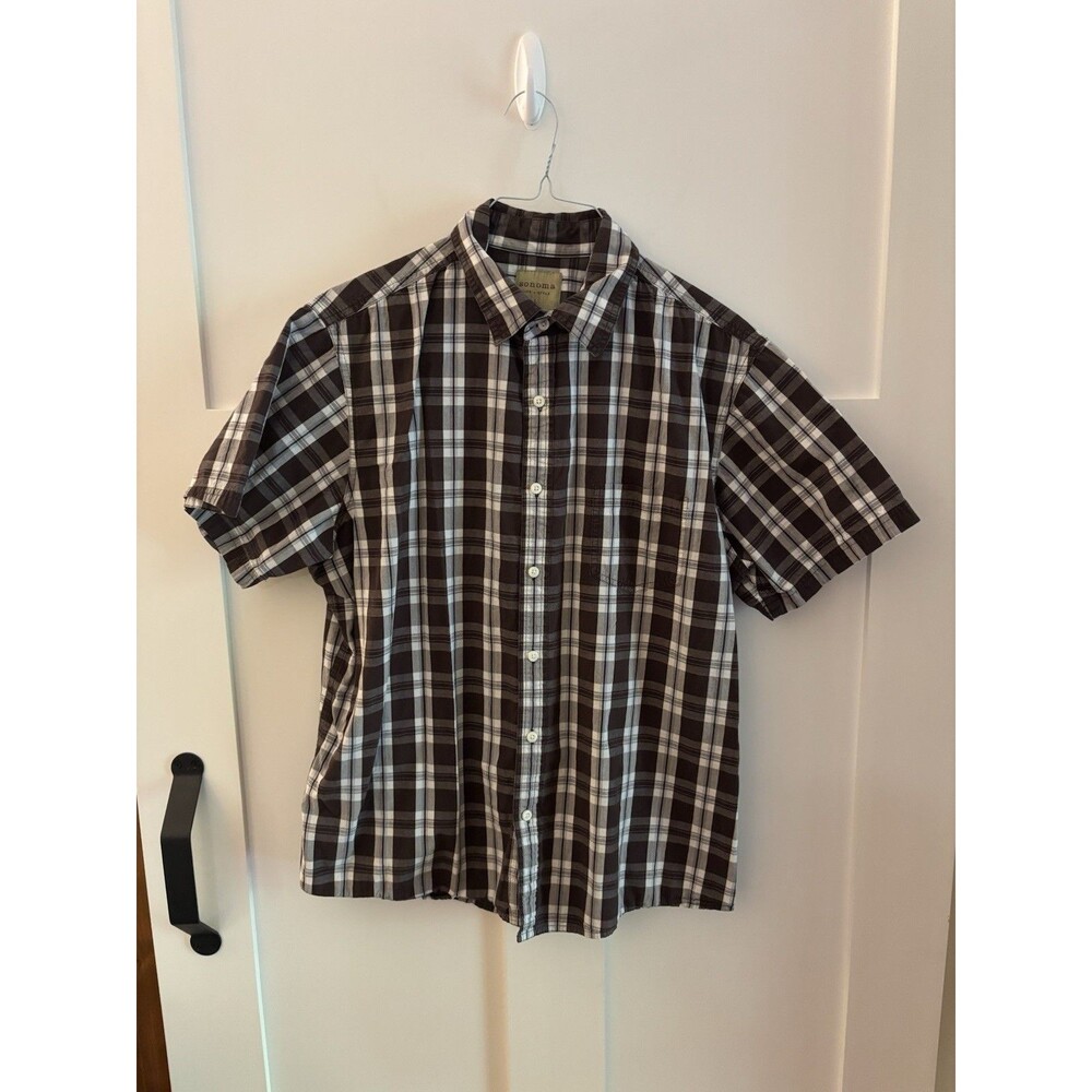 Sonoma Mens Plaid Button Front Shirt Large Brown White Short Sleeve Casual